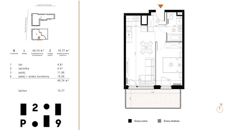 Rzut - Mieszkanie na sprzedaż 2 pokoje o powierzchni 40,74 m² - numer B46 w Paderewskiego 29
