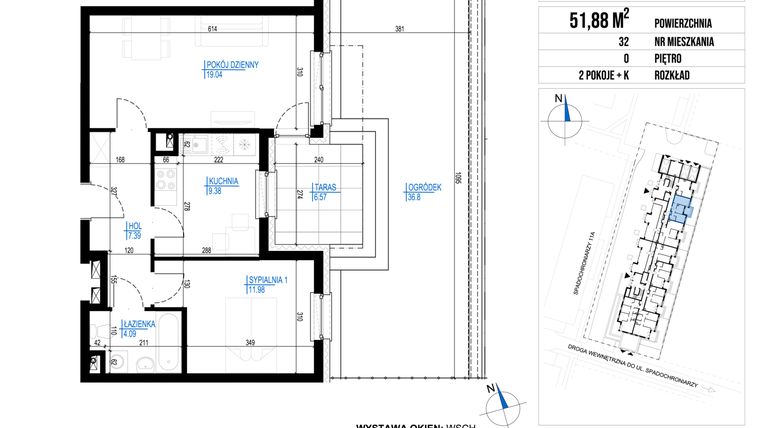 Rzut - Mieszkanie na sprzedaż 2 pokoje o powierzchni 51,88 m² - numer 32 w Vieniava edycja druga