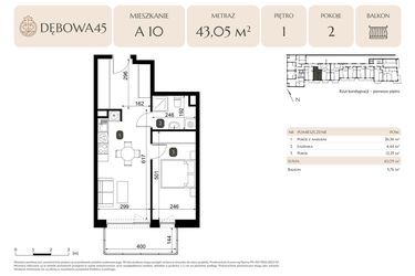 Rzut - Mieszkanie na sprzedaż 2 pokoje o powierzchni 43,05 m² - numer A.10 w Dębowa 45