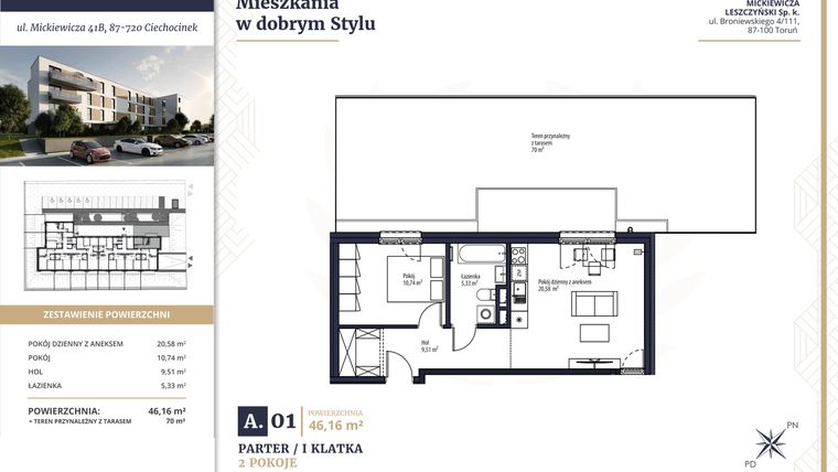 Rzut - Mieszkanie na sprzedaż 2 pokoje o powierzchni 46,16 m² - numer A1 w Mickiewicza