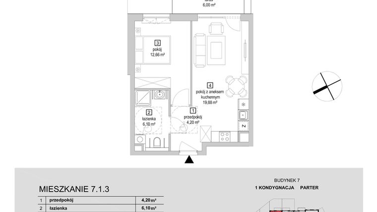 Rzut - Mieszkanie na sprzedaż 2 pokoje o powierzchni 42,84 m² - numer 7.1.3 w Osiedle Przyjemne IV