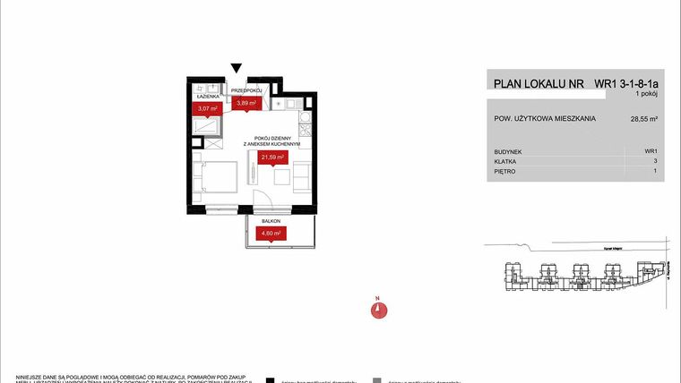 Rzut - Mieszkanie na sprzedaż 1 pokój o powierzchni 28,55 m² - numer WR1 3/1/8/1a w Przystań Reymonta