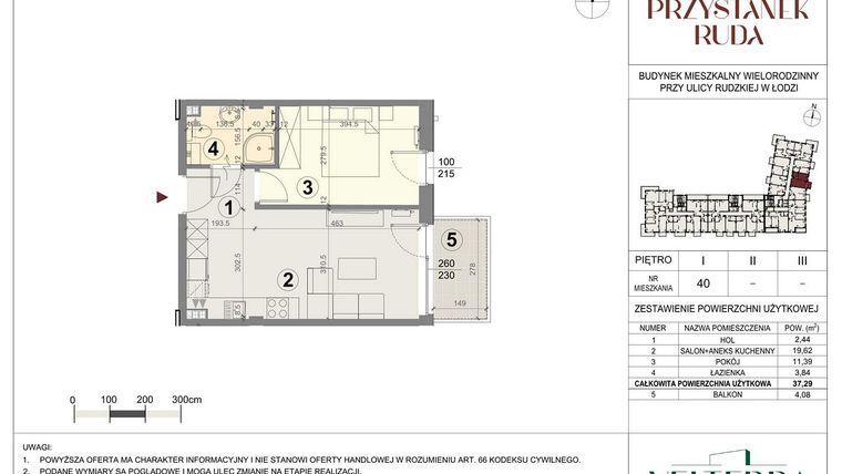 Rzut - Mieszkanie na sprzedaż 2 pokoje o powierzchni 37,2 m² - numer 40 w Przystanek Ruda