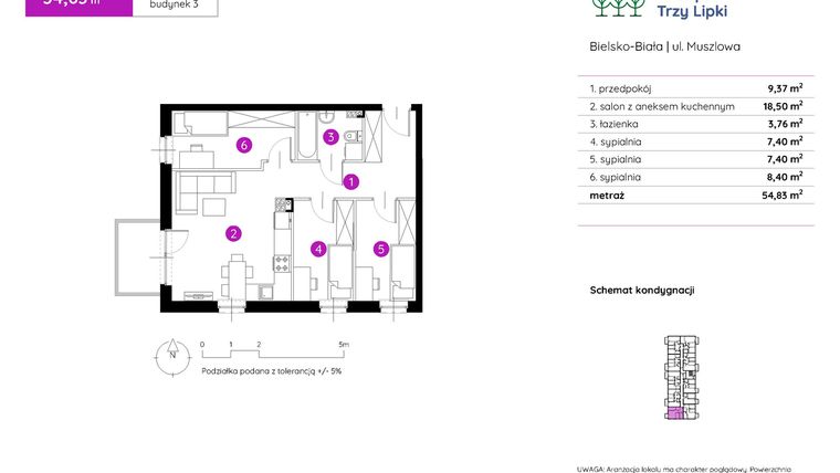 Rzut - Mieszkanie na sprzedaż 4 pokoje o powierzchni 54,83 m² - numer 3.A.1.04 w Murapol Trzy Lipki etap II