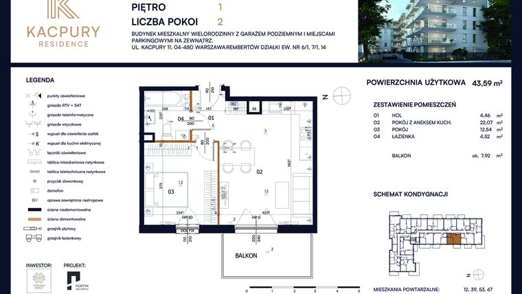 Rzut - Mieszkanie na sprzedaż 2 pokoje o powierzchni 43,59 m² - numer M25 w Kacpury Residence