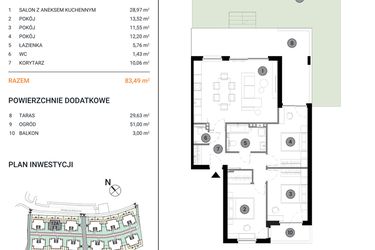 Rzut - Mieszkanie na sprzedaż 4 pokoje o powierzchni 83,49 m² - numer 12A.2 w Wille Miejskie Lekcyjna