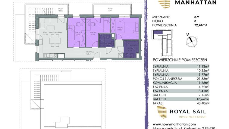 Rzut - Mieszkanie na sprzedaż 4 pokoje o powierzchni 72,16 m² - numer B.M.3.9 w Nowy Manhattan