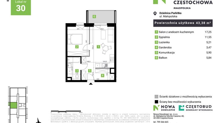 Rzut - Mieszkanie na sprzedaż 2 pokoje o powierzchni 43,38 m² - numer D30 w Nowa Częstochowa Małopolska etap II