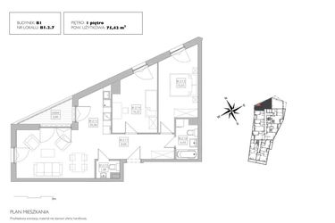 Rzut - Mieszkanie na sprzedaż 3 pokoje o powierzchni 74,66 m² - numer B1.2.7 w Alvarium 2.0