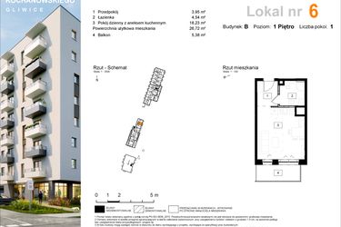 Rzut - Mieszkanie na sprzedaż 1 pokój o powierzchni 26,75 m² - numer B.6 w Osiedle Kochanowskiego - Gliwice