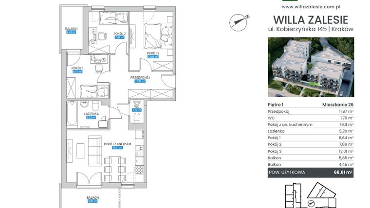 Rzut - Mieszkanie na sprzedaż 4 pokoje o powierzchni 67,02 m² - numer M26 w Willa Zalesie