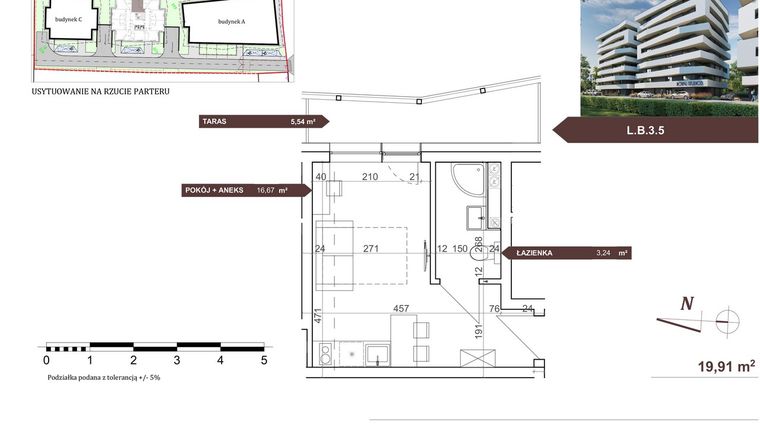 Rzut - Mieszkanie na sprzedaż 1 pokój o powierzchni 19,91 m² - numer L.B.3.5 w Royal Studios Smart Apartments etap 2