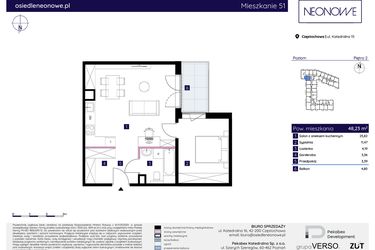 Rzut - Mieszkanie na sprzedaż 2 pokoje o powierzchni 48,23 m² - numer 15/51 w Osiedle Neonowe