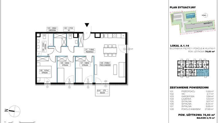 Rzut - Mieszkanie na sprzedaż 4 pokoje o powierzchni 77,11 m² - numer A.1.14 w Jabłonova