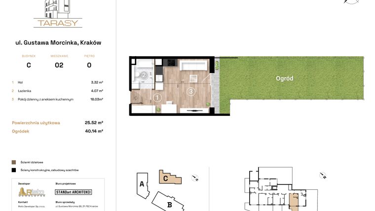 Rzut - Mieszkanie na sprzedaż 1 pokój o powierzchni 25,52 m² - numer C2 w Krzesławickie Tarasy
