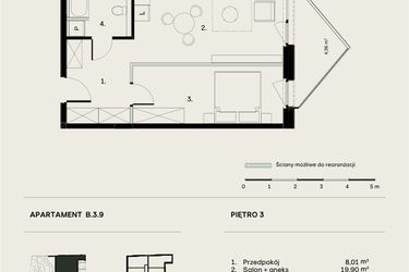 Rzut - Mieszkanie na sprzedaż 2 pokoje o powierzchni 47,19 m² - numer B/3/9 w Ogrodowa 12