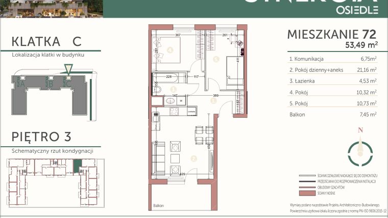 Rzut - Mieszkanie na sprzedaż 3 pokoje o powierzchni 53,49 m² - numer M72 w SYNERGIA