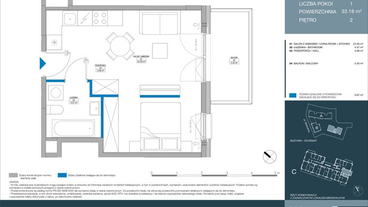 Rzut - Mieszkanie na sprzedaż 1 pokój o powierzchni 33,18 m² - numer C.1.3.7 w Meri Apartamenty