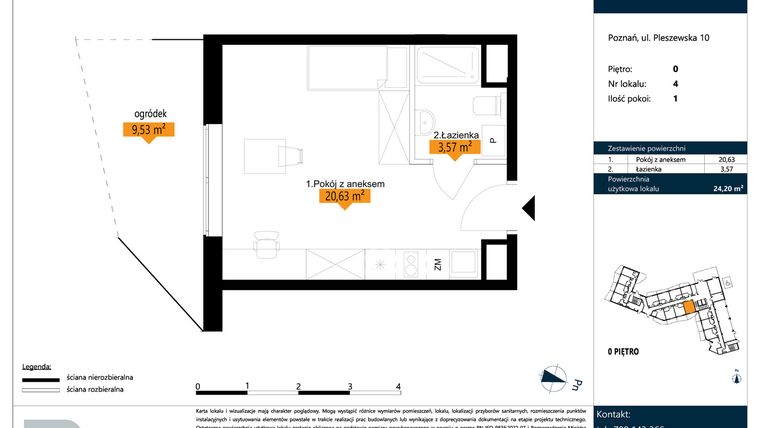 Rzut - Mieszkanie na sprzedaż 1 pokój o powierzchni 24,2 m² - numer B.0.4 w ŁACINA SPOT - apartamenty inwestycyjne