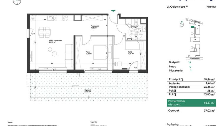Rzut - Mieszkanie na sprzedaż 3 pokoje o powierzchni 66,57 m² - numer 1A_M1 w U Przybyszewskiego etap 4