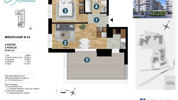 Rzut - Mieszkanie na sprzedaż 2 pokoje o powierzchni 41,52 m² - numer B43 w Kapelanka-Pychowicka Etap III