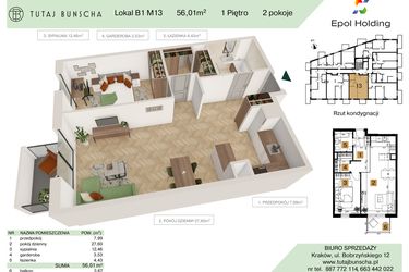 Rzut - Mieszkanie na sprzedaż 2 pokoje o powierzchni 56,01 m² - numer B1.M13 w Tutaj Bunscha