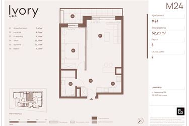 Rzut - Mieszkanie na sprzedaż 2 pokoje o powierzchni 52,23 m² - numer M24 w Ivory