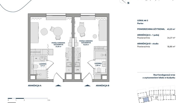 Rzut - Mieszkanie na sprzedaż 2 pokoje o powierzchni 43,23 m² - numer 2 w AtHome - Apartamenty inwestycyjne