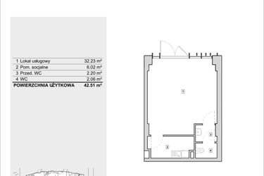 Rzut - Lokal użytkowy na sprzedaż 1 pokój o powierzchni 42,51 m² - numer H2-U-0-1 w Heyki City