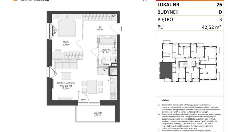 Rzut - Mieszkanie na sprzedaż 2 pokoje o powierzchni 42,52 m² - numer D.26 w Osiedle Warszawska etap II
