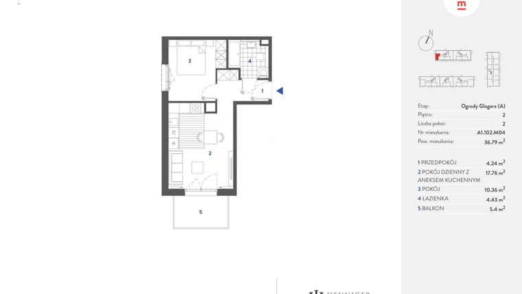 Rzut - Mieszkanie na sprzedaż 2 pokoje o powierzchni 36,8 m² - numer A1.102.M04 w Mieszkaj w mieście - Ogrody Glogera