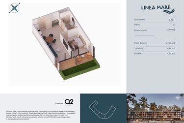 Rzut - Mieszkanie na sprzedaż 2 pokoje o powierzchni 36,59 m² - numer 0.A07 w Linea Mare - apartamenty inwestycyjne