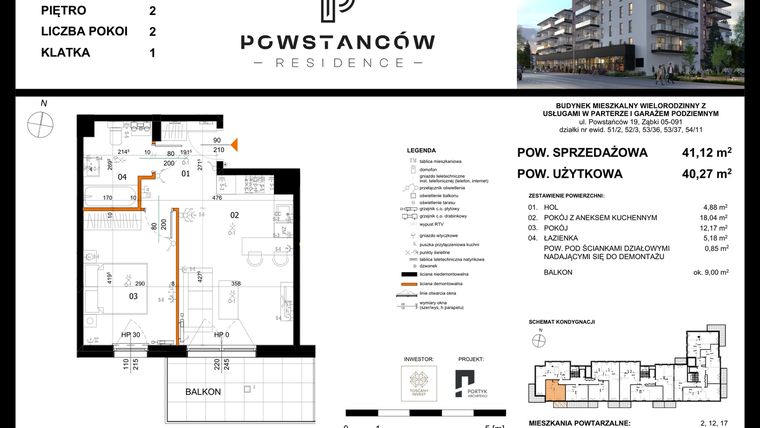 Rzut - Mieszkanie na sprzedaż 2 pokoje o powierzchni 44,15 m² - numer 7 w Powstańców Residence