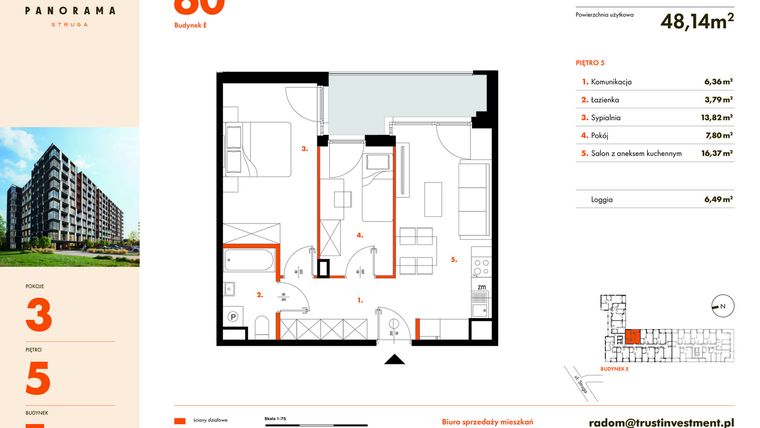 Rzut - Mieszkanie na sprzedaż 3 pokoje o powierzchni 48,14 m² - numer E60 w Panorama Struga