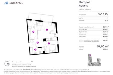 Rzut - Mieszkanie na sprzedaż 1 pokój o powierzchni 53,81 m² - numer 3.C.6.10 w Murapol Agosto