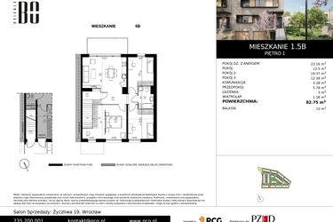 Rzut - Mieszkanie na sprzedaż 4 pokoje o powierzchni 82,64 m² - numer 1.5B w Osiedle Bo