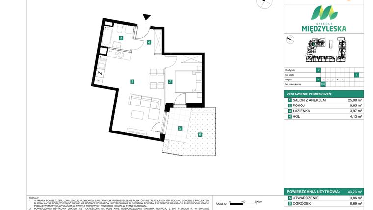 Rzut - Mieszkanie na sprzedaż 2 pokoje o powierzchni 43,73 m² - numer 193 w Osiedle Międzyleska - etap II