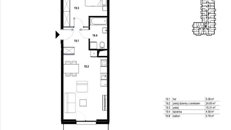 Rzut - Mieszkanie na sprzedaż 2 pokoje o powierzchni 49,03 m² - numer C3.19 w Osiedle Mozaika