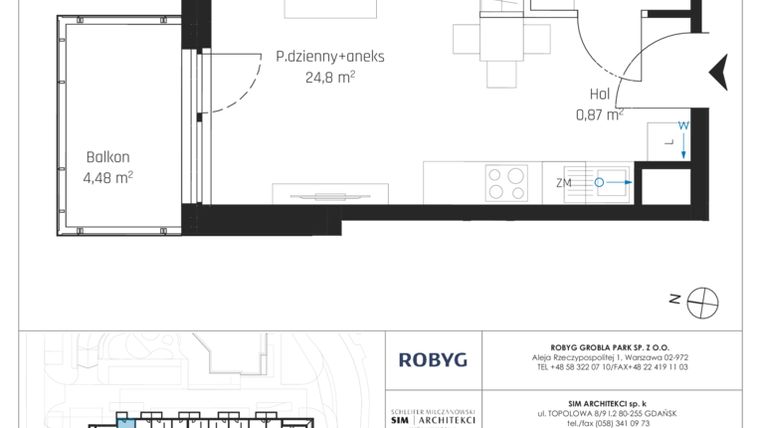 Rzut - Mieszkanie na sprzedaż 1 pokój o powierzchni 29,71 m² - numer I.2M11 w Nadmotławie Apartments etap I