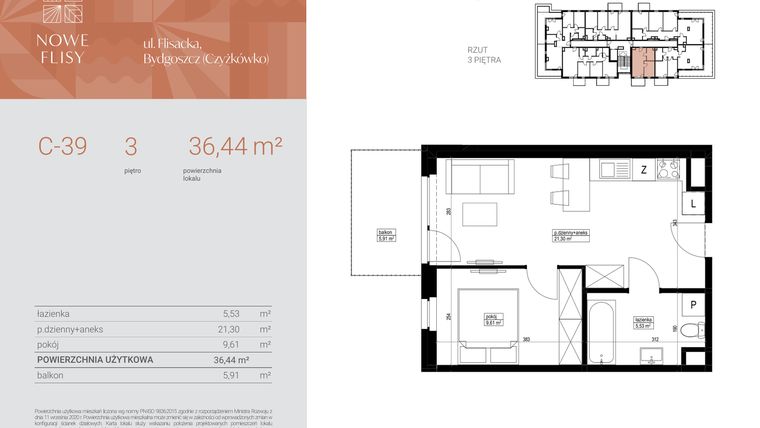 Rzut - Mieszkanie na sprzedaż 2 pokoje o powierzchni 36,44 m² - numer M39_NF.c w Nowe Flisy II