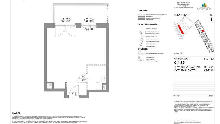 Rzut - Mieszkanie na sprzedaż 1 pokój o powierzchni 33,34 m² - numer C.1.30 w My Forest - Apartamenty inwestycyjne