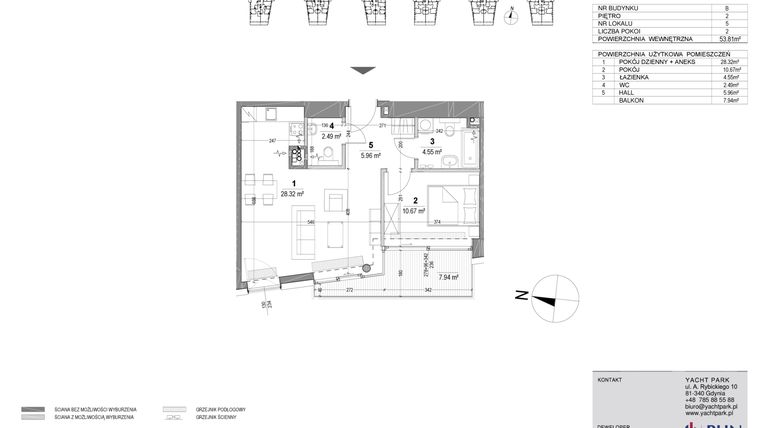 Rzut - Mieszkanie na sprzedaż 2 pokoje o powierzchni 53,81 m² - numer B.2.5 w YACHT PARK