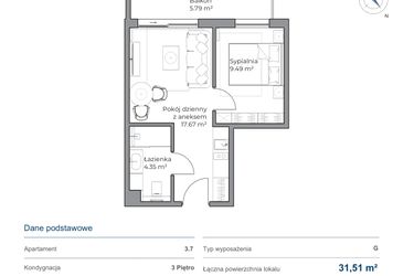 Rzut - Mieszkanie na sprzedaż 2 pokoje o powierzchni 31,51 m² - numer B.3.7 w Anchoria Holiday