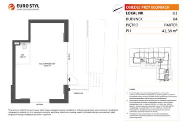 Rzut - Lokal użytkowy na sprzedaż 1 pokój o powierzchni 42,38 m² - numer U1 w Osiedle Przy Błoniach 3