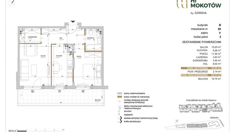 Rzut - Mieszkanie na sprzedaż 2 pokoje o powierzchni 51,03 m² - numer A1.B.55 w Hi Mokotów