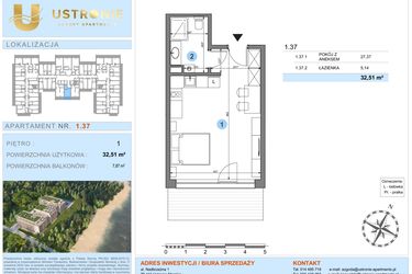 Rzut - Mieszkanie na sprzedaż 1 pokój o powierzchni 32,51 m² - numer 1.37 w Ustronie Luxury Apartments