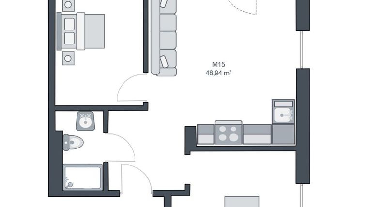 Rzut - Mieszkanie na sprzedaż 3 pokoje o powierzchni 48,94 m² - numer M15 w TARASY GĄSKI