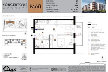 Rzut - Mieszkanie na sprzedaż 2 pokoje o powierzchni 43,7 m² - numer B1.68 w Koncertowe Wzgórze