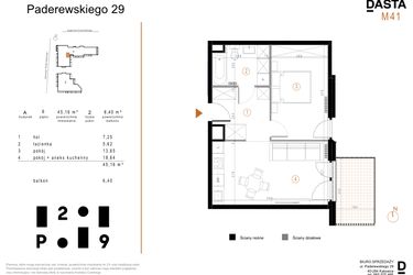 Rzut - Mieszkanie na sprzedaż 2 pokoje o powierzchni 45,16 m² - numer A41 w Paderewskiego 29