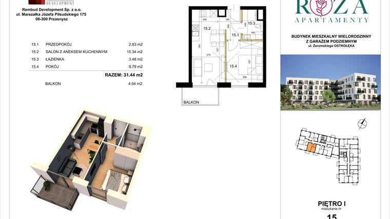 Rzut - Mieszkanie na sprzedaż 2 pokoje o powierzchni 31,44 m² - numer M  15 w Apartamenty Róża